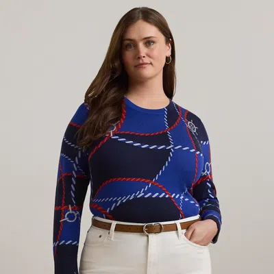 Lauren Woman Rope-print Cotton-blend Sweater In Blue Multi