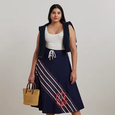 Lauren Woman Rope-print Twill Lace-up Midi Skirt In Refined Navy