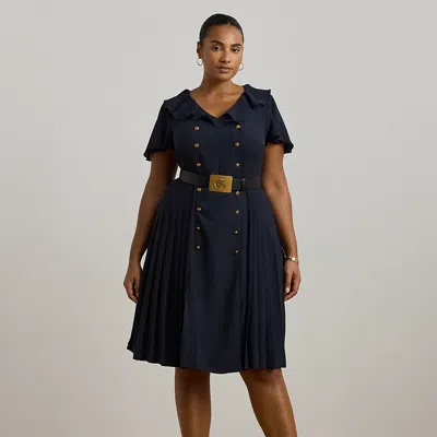 Lauren Woman Ruffle-trim Pleated Georgette Dress In Lauren Navy