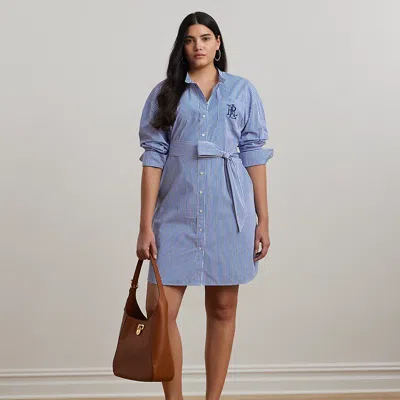 Lauren Woman Striped Belted Broadcloth Shirtdress In Blue/white