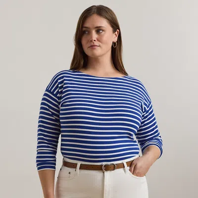 Lauren Woman Striped Cotton Jersey Boatneck Top In New Sapphire/white