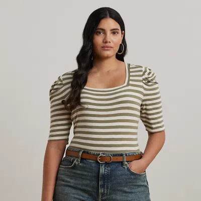 Lauren Woman Striped Cotton Jersey Puff-sleeve Tee In Sage Green/cream