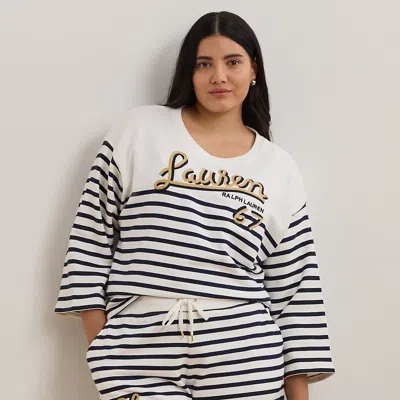 Lauren Woman Striped French Terry Cropped Sweatshirt In White/refined Navy