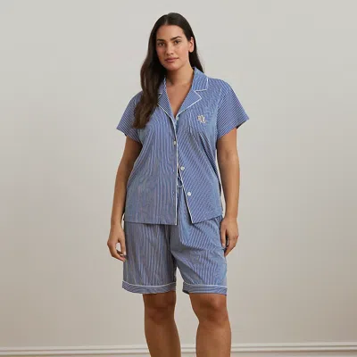 Lauren Woman Striped Jersey Bermuda Sleep Set In Dark Blue Stripe