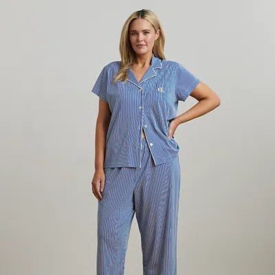 Lauren Woman Striped Jersey Cropped Sleep Set In Dark Blue Stripe