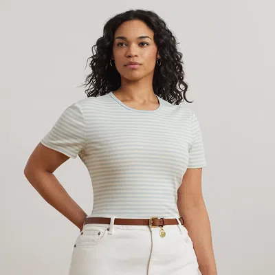 Lauren Woman Striped Stretch Cotton Crewneck Tee In Aqua Pearl/cream