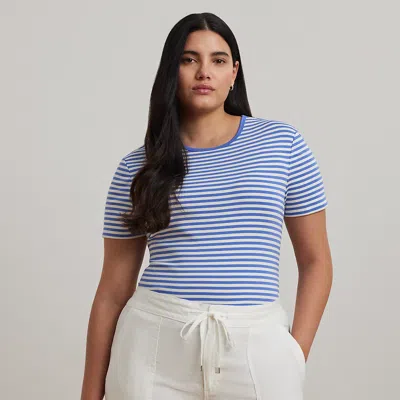 Lauren Woman Striped Stretch Cotton Crewneck Tee In Soft Lazuli/cream