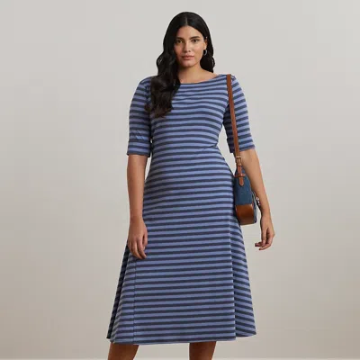 Lauren Woman Striped Stretch Cotton Midi Dress In Indigo/blue