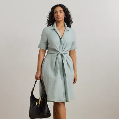 Lauren Woman Tie-front Linen Shirtdress In Aqua Pearl