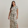 Lauren Woman Tie-front Print Boatneck Midi Dress In Cream Multi