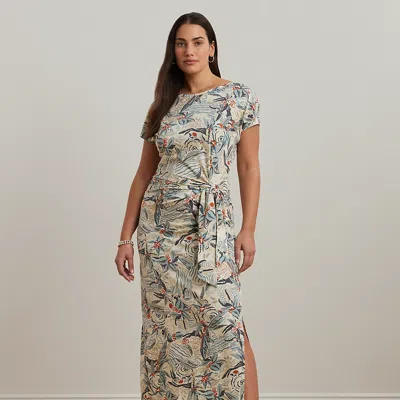 Lauren Woman Tie-front Print Boatneck Midi Dress In Cream Multi