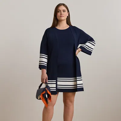 Lauren Woman Two-tone Cap-sleeve Shift Sweater Dress In Refined Navy/white