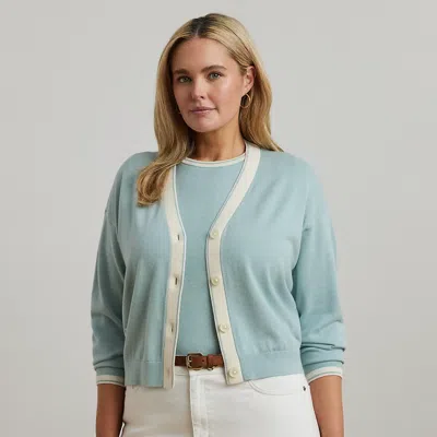 Lauren Woman Two-tone Cotton-blend Cardigan In Aqua Pearl/cream