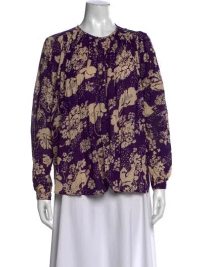 Pre-owned Laurence Bras Floral Print Crew Neck Blouse In Purple