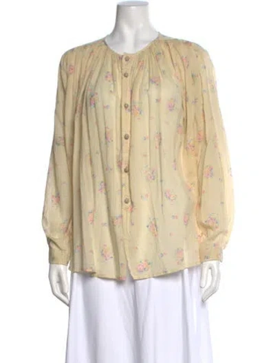 Pre-owned Laurence Bras Floral Print Crew Neck Blouse In Yellow