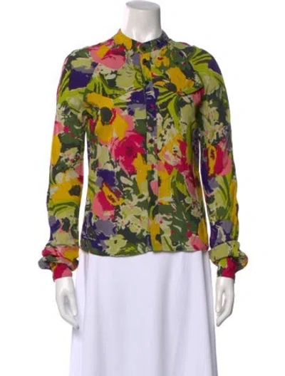 Pre-owned Laurence Bras Floral Print Long Sleeve Blouse In Green