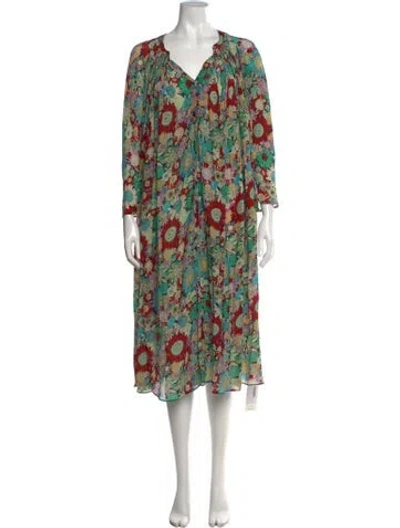 Pre-owned Laurence Bras Floral Print Midi Length Dress In Green