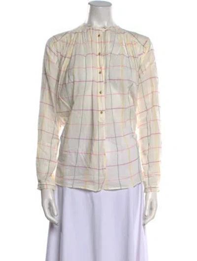 Pre-owned Laurence Bras Plaid Print Mock Neck Button-up Top In Neutral