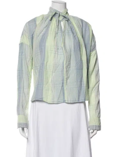 Pre-owned Laurence Bras Plaid Print Tie Neck Blouse In Green
