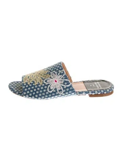 Pre-owned Laurence Dacade Denim Floral Print Slides In Blue