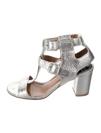 Pre-owned Laurence Dacade Leather Patterned T-strap Sandals In Silver
