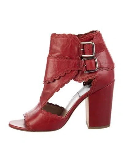 Pre-owned Laurence Dacade Leather Scalloped Accent T-strap Sandals In Red