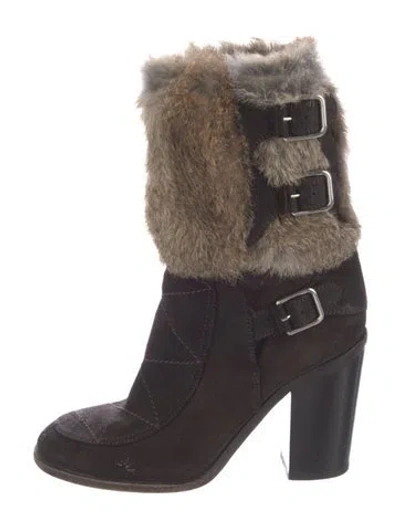 Pre-owned Laurence Dacade Suede Fur Trim Moto Boots In Brown