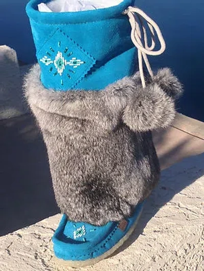 Pre-owned Laurentian Chief Canadian Tall Turquoise Suede Mukluk With Gray Rabbit Fur