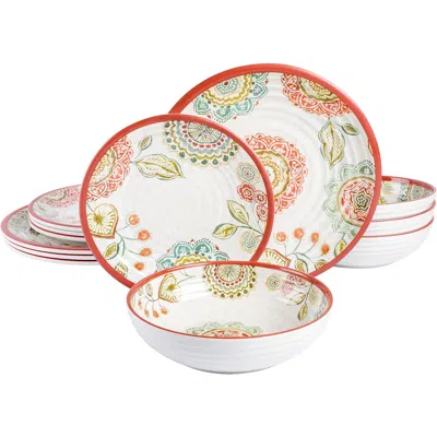 Laurie Gates Brick Floral Ripple 12 Piece Melamine Dinnerware Set In Red