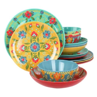 Laurie Gates California Designs Elena Amour 16 Piece Floral Round Melamine Dinnerware Set In Multi