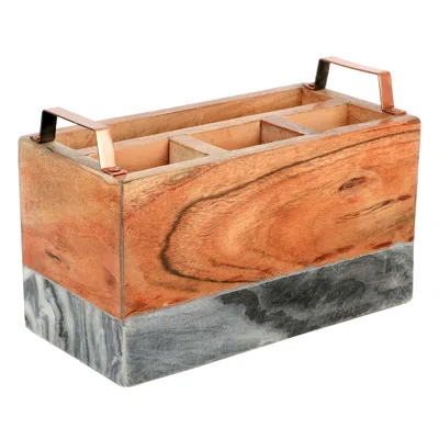LAURIE GATES CALIFORNIA DESIGNS GREY MARBLE AND ACACIA WOOD SALAD SERVER HOLDER