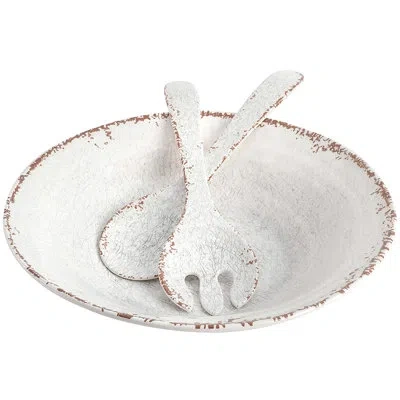 Laurie Gates Mauna 3 Piece Melamine Serving Bowl Set In White With Serving Utensils In Brown;white