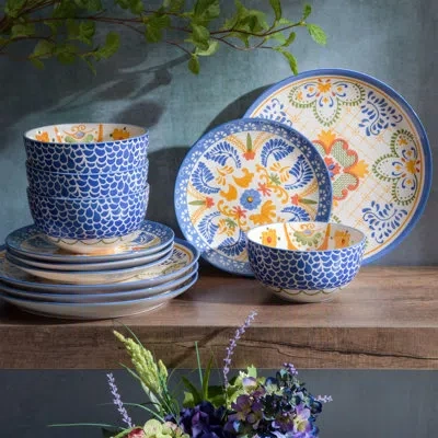 Laurie Gates Tierra Tile 12 Piece Dinnerware Set, Service For 4 In Blue;white;orange