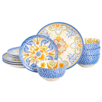 Laurie Gates Tierra Tile 12 Piece Round Stoneware Dinnerware Set In Assorted Designs In Blue