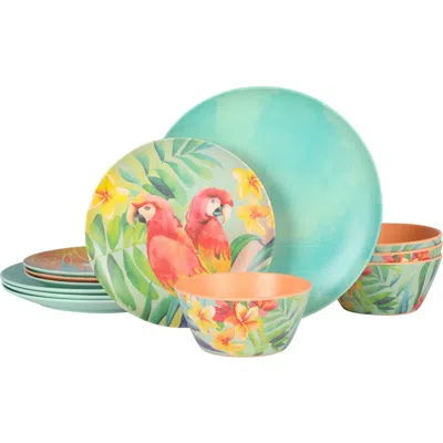 Laurie Gates Tropical Parrots 12 Piece Melamine Dinnerware Set In Blue