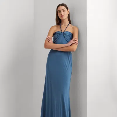 Laurèn Bead-trim Jersey Halter Gown In Blue