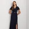 Laurèn Belted Georgette Flutter-sleeve Gown In Blue