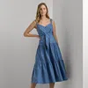 Laurèn Cotton-blend Tie-front Tiered Dress In Blue