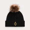 Laurèn Crest-patch Pom-pom Cable-knit Beanie In Black