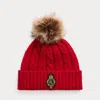 Laurèn Crest-patch Pom-pom Cable-knit Beanie In Red