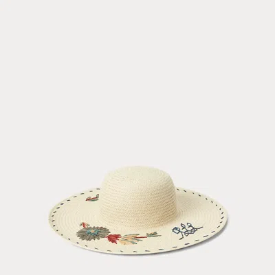 Laurèn Embroidered Straw Sun Hat In Neutral