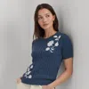 Laurèn Floral Cable-knit Short-sleeve Jumper In Blue