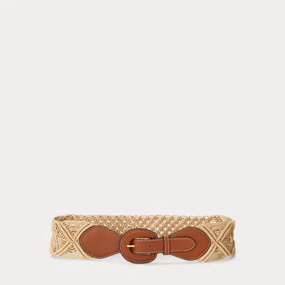 Laurèn Leather-trim Corded Macrame Wide Belt In Brown