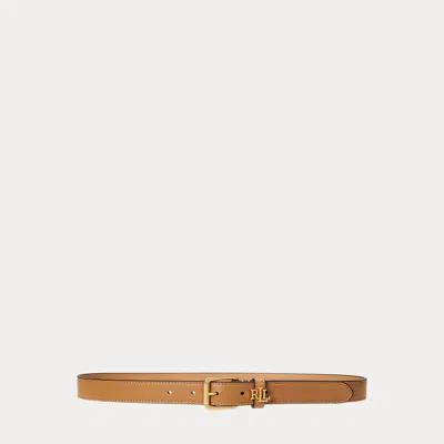 Laurèn Logo-keeper Leather Skinny Belt In Brown