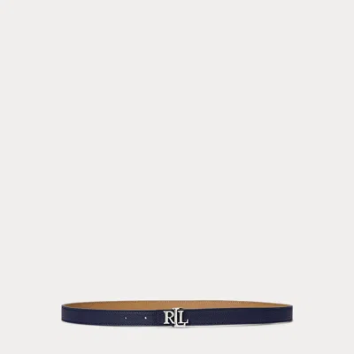 Laurèn Logo Reversible Leather Skinny Belt In Blue