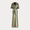 Laurèn Metallic Knit Twist-front Cape Gown In Green