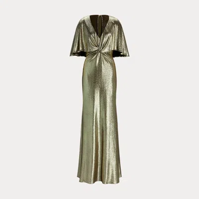 Laurèn Metallic Knit Twist-front Cape Gown In Green