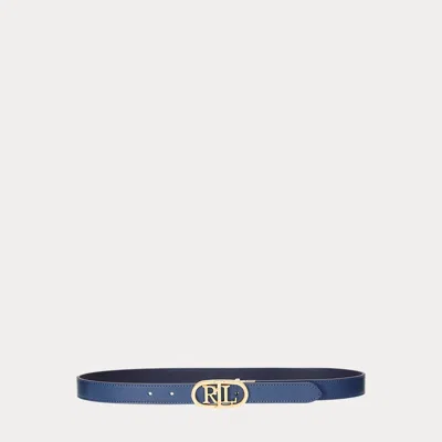 Laurèn Oval-logo Reversible Leather Skinny Belt In Blue