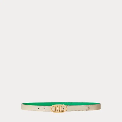 Laurèn Oval-logo Reversible Leather Skinny Belt In Green