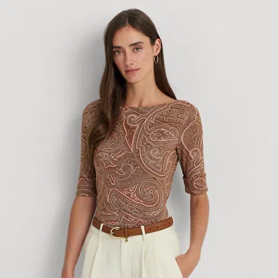 Laurèn Paisley Stretch Cotton Boatneck T-shirt In Brown